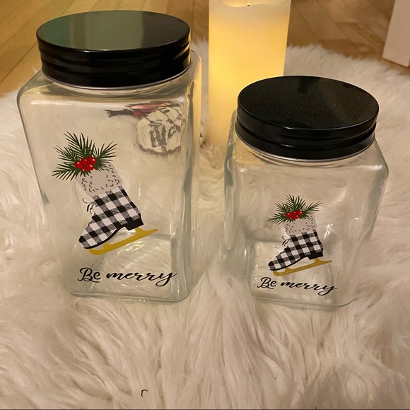Christmas Black & White Buffalo Plaid Be Merry Ice Skate Set of (2) Canisters. - Picture 6 of 8